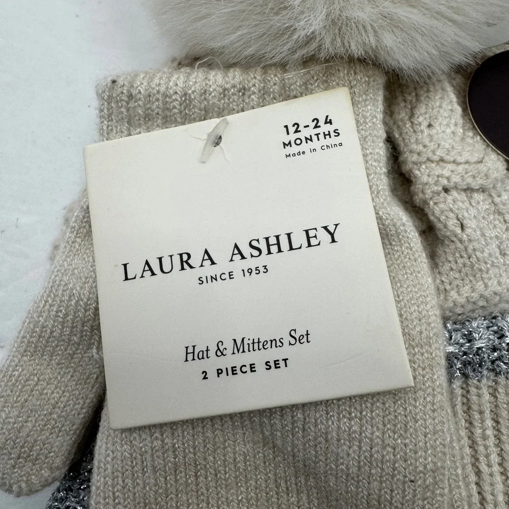 Laura Ashley Hat & Mittens Set Girls 12-24M Beige Silver Heart Pom Beanie NWT